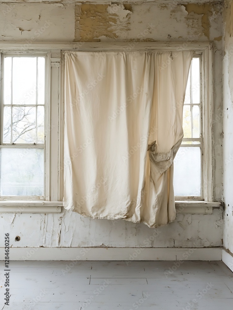 Poster a vintage room with peeling paint and an old curtain draping lazily over a window offering a glimpse