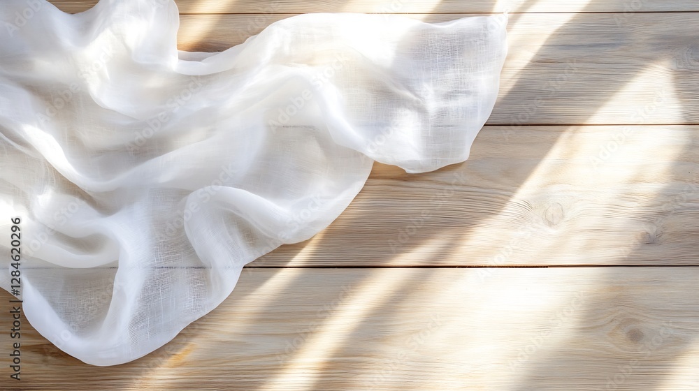 Poster soft white linen fabric gently draped on warm wooden surface illuminated by natural light : generati