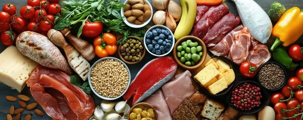 Colorful variety of fresh foods: fruits, vegetables, meats, cheeses, and grains displayed