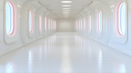 Fototapeta premium Futuristic white corridor, glowing lights, empty space, architectural design, background for science fiction