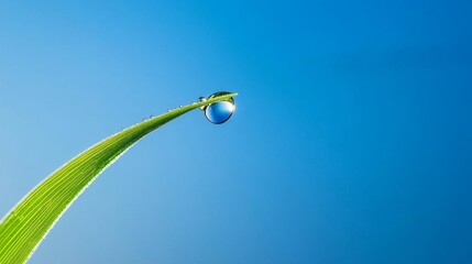 A single dewdrop clinging to a leaf tip as it sways in the morning breeze