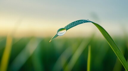 A single dewdrop clinging to a leaf tip as it sways in the morning breeze