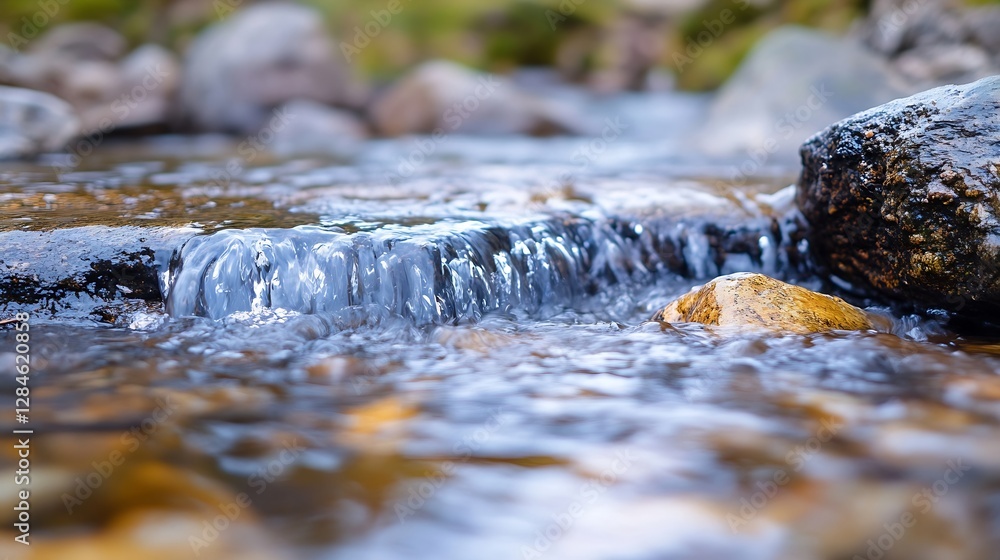 Poster gentle stream cascading over smooth rocks in a vibrant natural environment with greenery : generativ