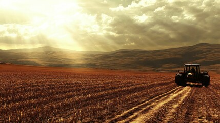 Fototapeta premium Golden Hour Tractor in Rural Landscape