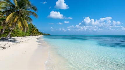 Fototapeta premium Idyllic Tropical Beach with Palm Trees and Crystal Clear Water Under a Bright Blue Sky : Generative AI
