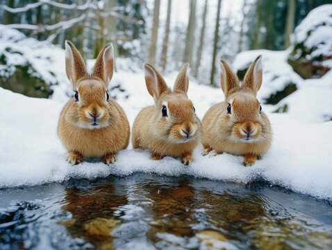 Rabbits in snow, showing signs of springtime emergence.