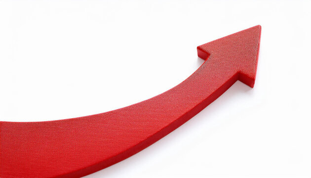 Red glossy arrow pointing upwards isolated on white background. Direction guide.