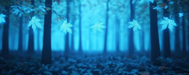 Obraz premium A surreal forest scene where glowing leaves swing in slow motion