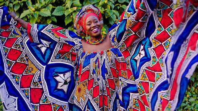 Colorful African woman in bold patterned dress smiling joyfully in garden, radiating cultural pride