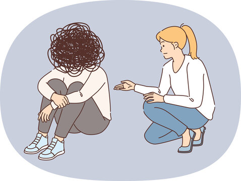 Psychological support from kind woman for man suffering from confused thoughts in head. Psychological support during session to avoid long-term depression that destroys consciousness