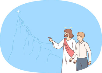 Jesus shows way to business man, helping find meaning of life and do good deeds. Jesus saves office clerk who wants to find own calling with help of religious teachings and lord faith