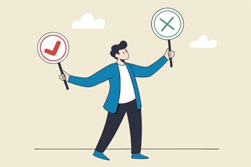 Business decision right or wrong, true or false, correct and incorrect, moral choosing option concept, thoughtful businessman holding right or wrong of left and right hand while making decision.