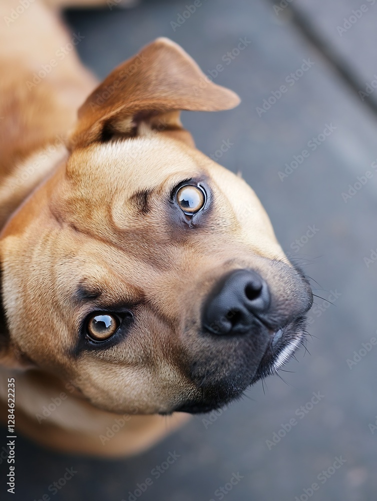 Poster adorable brown dog with unique eyes looking curiously at the camera in a soft focus image : generati