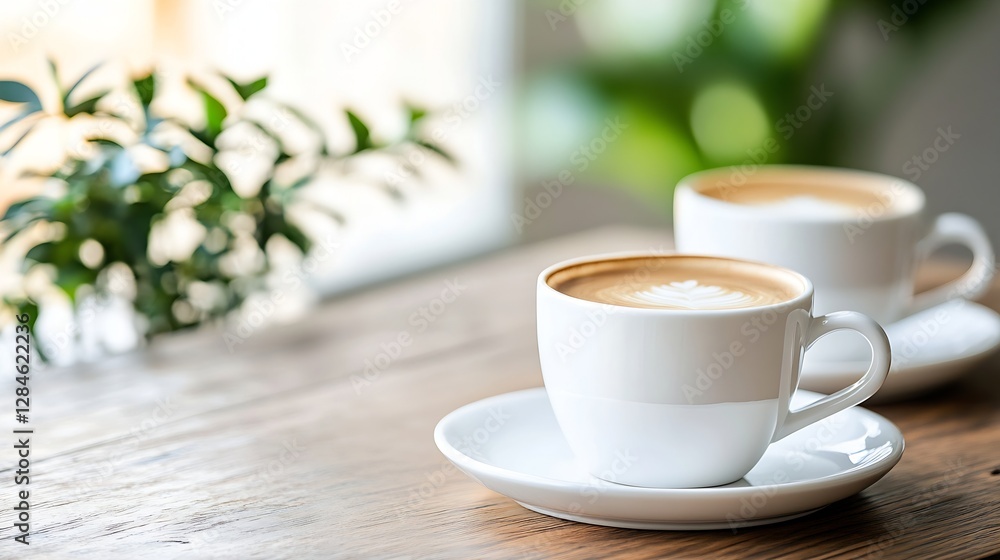 Poster aromatic coffee art displayed in beautiful cups on a wooden table in a cozy atmosphere : generative 