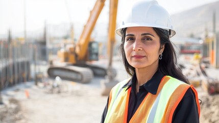 A confident Middle Eastern female engineer stands at a construction site, showcasing her expertise and leadership in a male-dominated field, wearing safety gear.