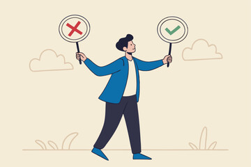 Business decision right or wrong, true or false, correct and incorrect, moral choosing option concept, thoughtful businessman holding right or wrong of left and right hand while making decision.