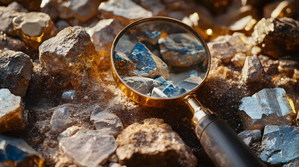 Precious metal prospecting tools with optical magnification on mineralogical backdrop