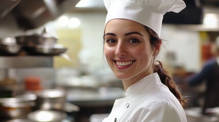A cheerful young European female chef stands in a bustling kitchen, wearing a traditional chef's hat and uniform, showcasing her passion for cooking and culinary arts.