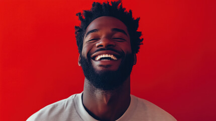 Obraz premium Joyful Black Man in His Early 30s Smiling with a Bright Expression, Standing Against a Solid Crimson Red Background