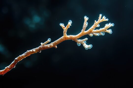 Close-up of a delicate underwater organism, possibly a type of coral or hydroid, with translucent polyps.