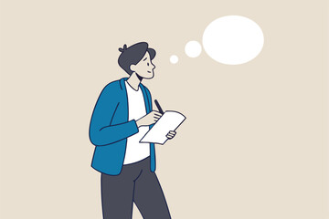 Note taking or minutes of meeting, conclusion or summary, education lecture or write important information concept, confidence businessman taking note in the meeting while listen to others information