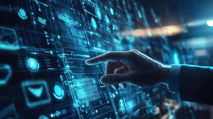 Engineer working with a photovoltaic solar energy system overlaid with digital graphics for modern power management