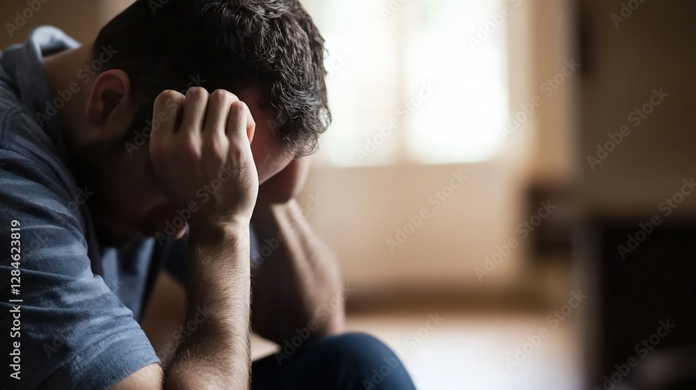 Poster a contemplative moment of a man sitting with his head down in a reflective state indoors : generativ