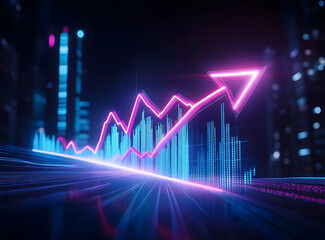 Double exposure image of a glowing graph with an upward arrow, representing growth and progress in a futuristic digital style. Neon blue and pink lines create a modern visual.