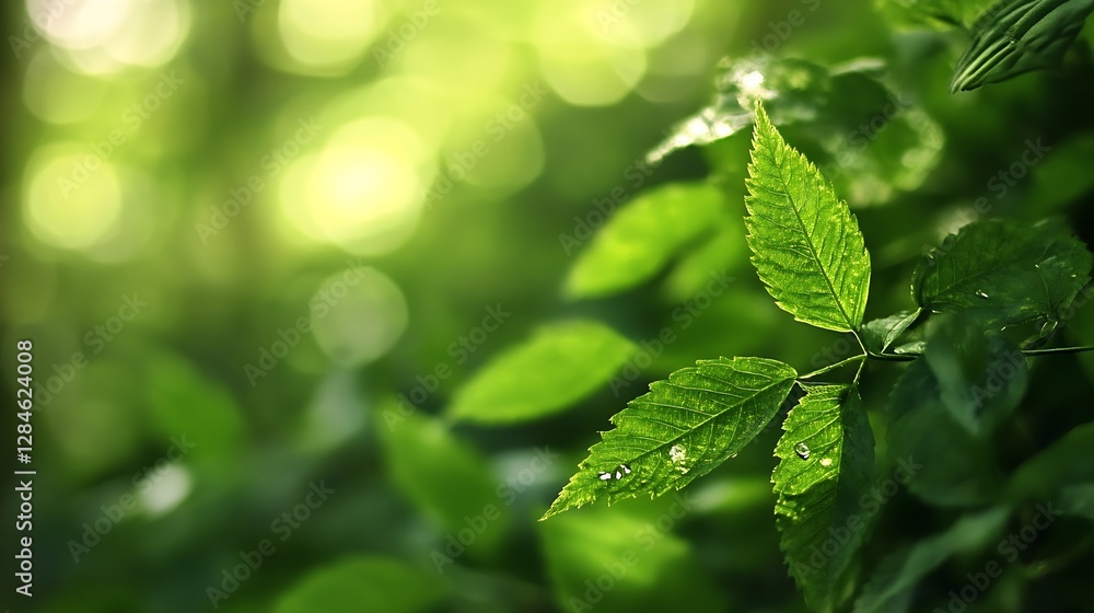 Poster close up of vibrant green leaves shimmering with droplets in a sunlit forest environment : generativ