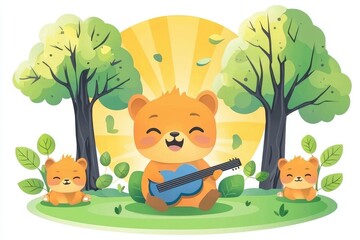 Naklejka premium Happy Bear Playing Guitar in Sunny Nature Scene with Cubs