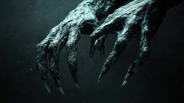 Close-up of scaly beast claws with sharp talons in dark atmosphere