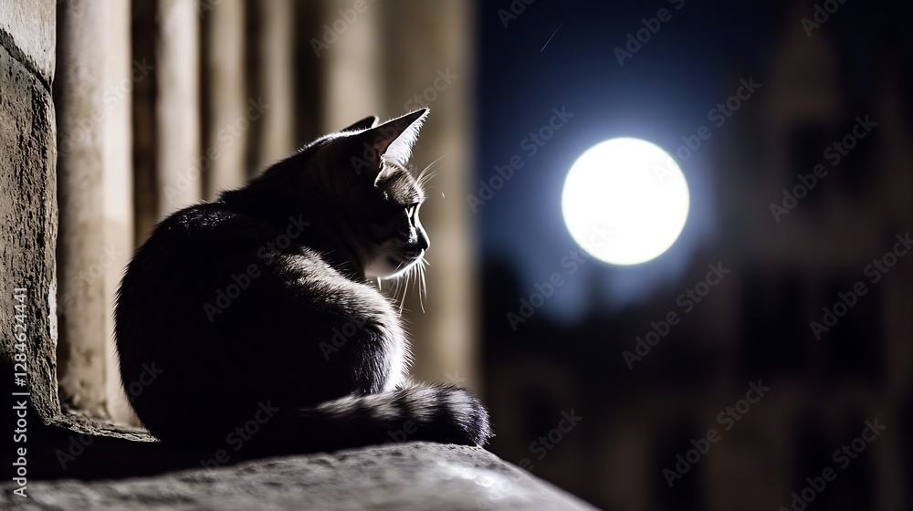 Poster Cat Sitting Silently in the Moonlight with a Mystical Glow Behind Historic Architecture : Generative AI