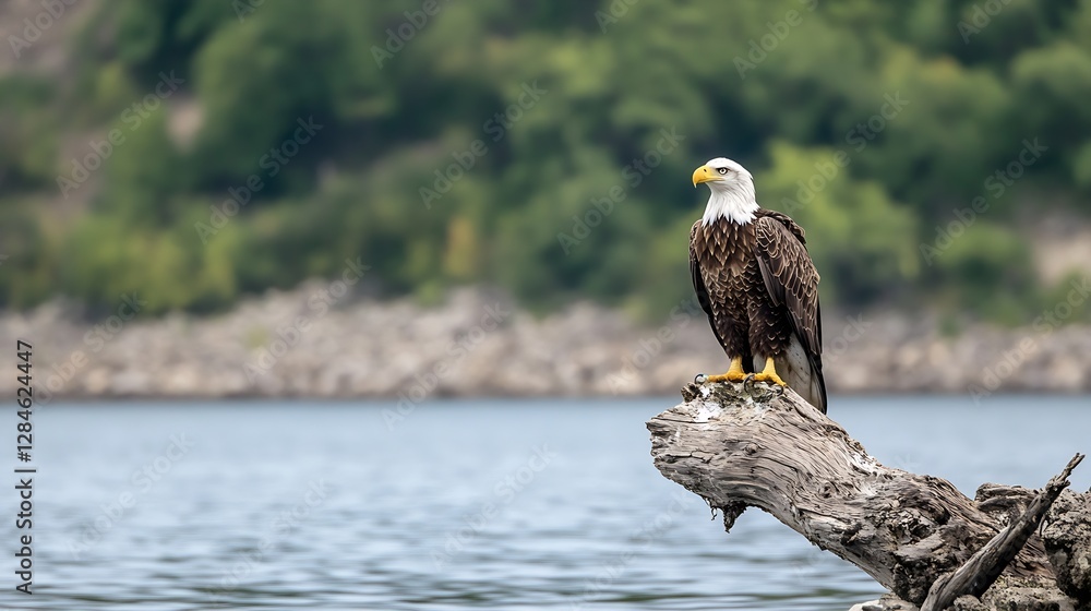 Poster majestic bald eagle perched on a branch overlooking calm water in a natural setting : generative ai