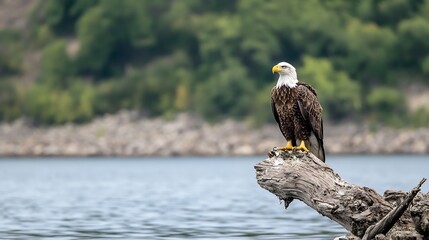 Majestic Bald Eagle Perched on a Branch Overlooking Calm Water in a Natural Setting : Generative AI