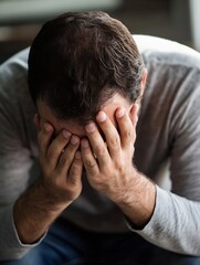 Fototapeta premium Pensive man in grey shirt holding his head in distress revealing emotional struggle and deep contemplation in casual setting : Generative AI