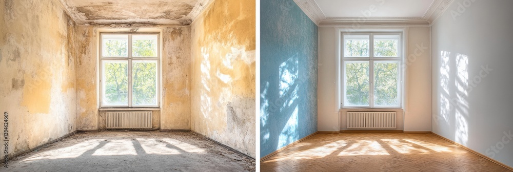 Poster transformation of a run down apartment into a bright and modern living space with beautiful interior