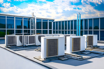 The external block units of the commercial air conditioning and ventilation systems are installed on the roof of an industrial building.