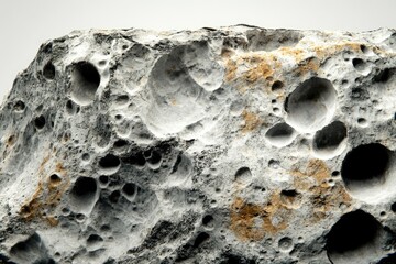 Close-up of a cratered, grey rock surface resembling the moon's texture.