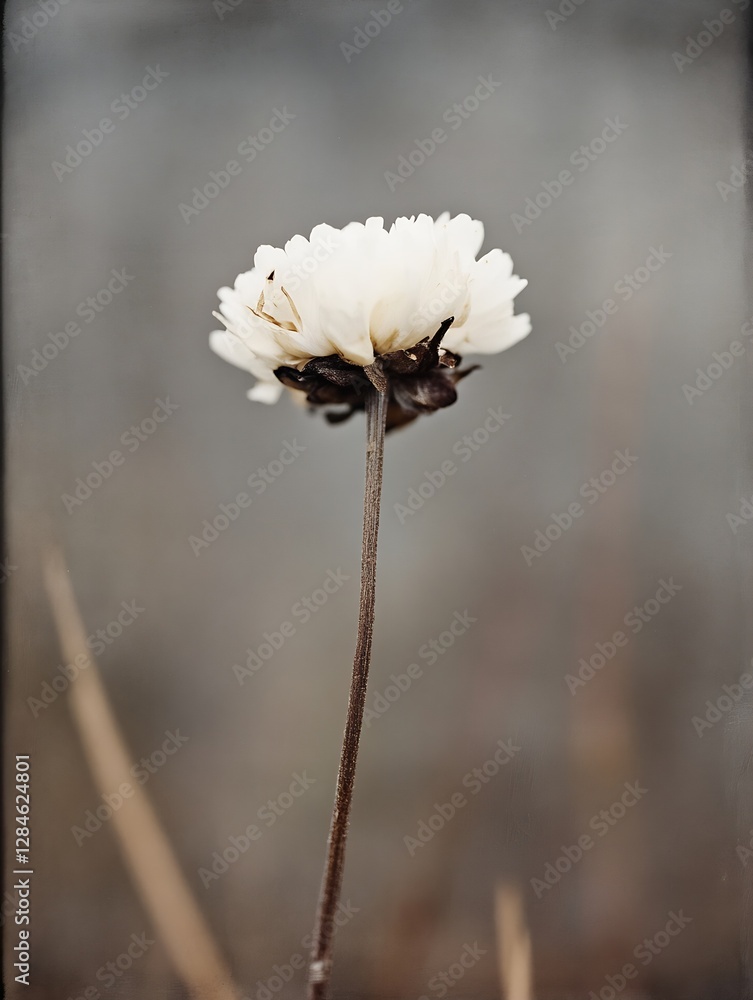 Poster stunning closeup of a delicate white flower standing tall against a soft gray background : generativ