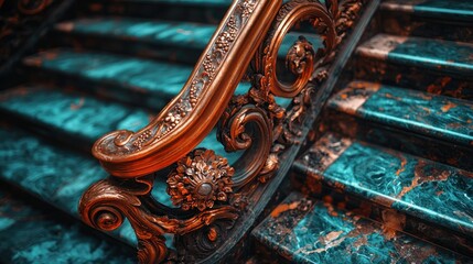 Ornate copper railing on teal marble staircase