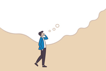 Think big, ambition to success, dream big to change the world or contemplation to get solution to solve big problem, imagination or creativity concept, smart businessman thinking with big bubble.