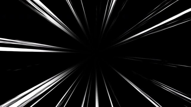 Radial speed lines animation on black background for motion graphics, action scenes, and comic-style effects. Animation loop anime comic speed lines.