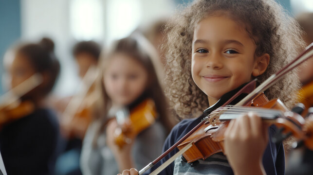 Portrait of smiling elementary school student playing violin during music lesson with classmates in background