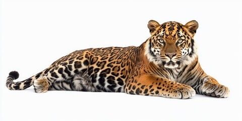 Obraz premium Cute young leopard laying down. Tiger cub looking at the camera with a curious expression.