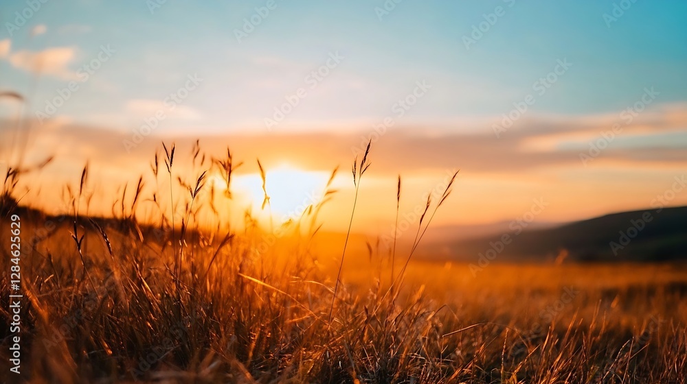 Aufkleber golden sunset illuminating grassy field with a warm glow reflecting off tall grass : generative ai