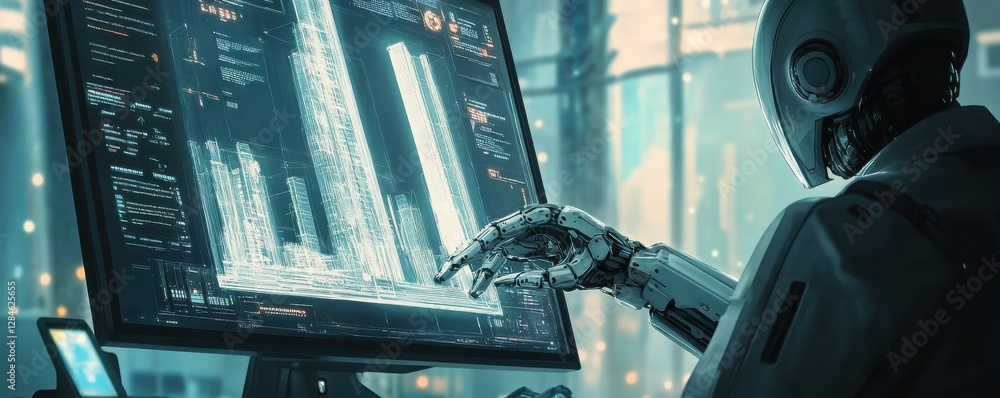 Poster futuristic robot analyzing architectural designs on computer screen in modern office setting