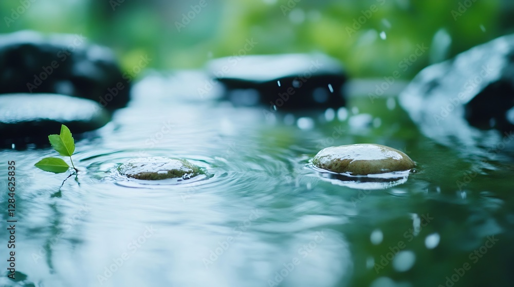 Poster closeup photo of water droplets creating ripples on calm pond surrounded by stones : generative ai