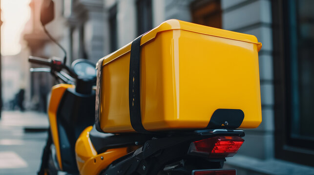 Una nueva caja de reparto amarilla montada en la parte trasera de la motocicleta de reparto amarilla.