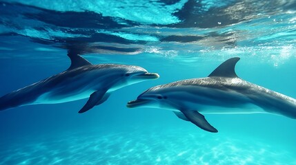 Obraz premium Two playful dolphins swimming gracefully under clear blue water in the ocean : Generative AI