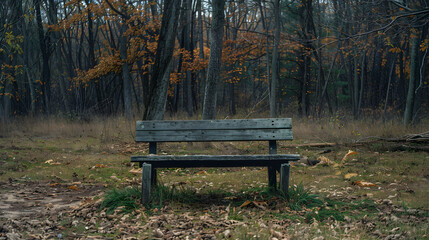 Lonely Abandoned Wooden Bench in Overgrown Park Reflecting Passage of Time and Isolation